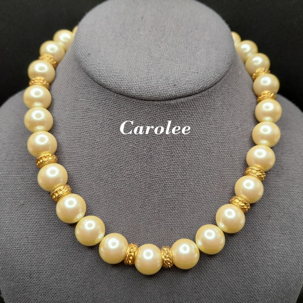 Vintage Carolee Faux Pearl Necklace 15mm Gold Tone Statement Choker